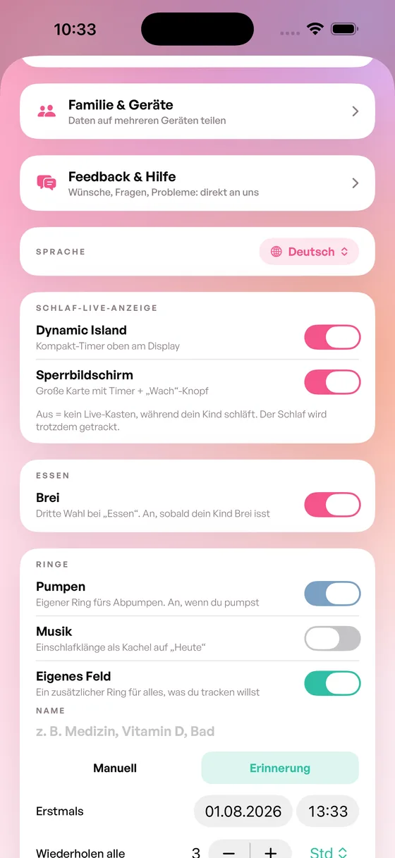 Eigenes Feld als Erinnerung mit Startzeit und Wiederholung