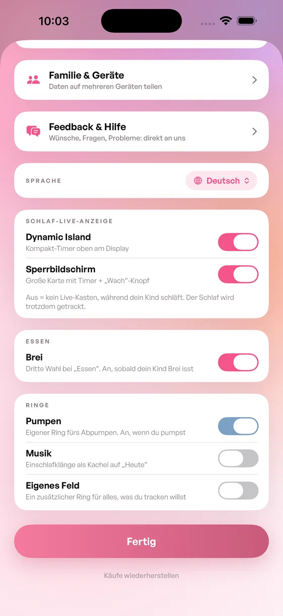Unten in den Einstellungen steht „Käufe wiederherstellen“