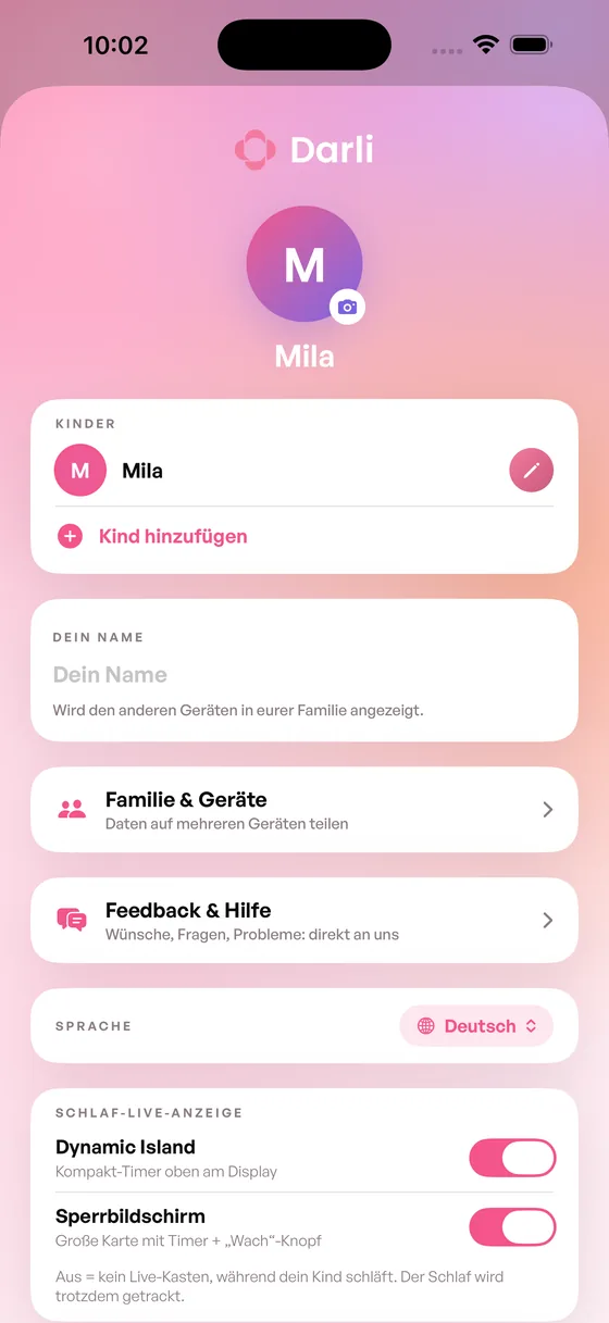 Einstellungen mit der Liste der Kinder und „Kind hinzufügen“
