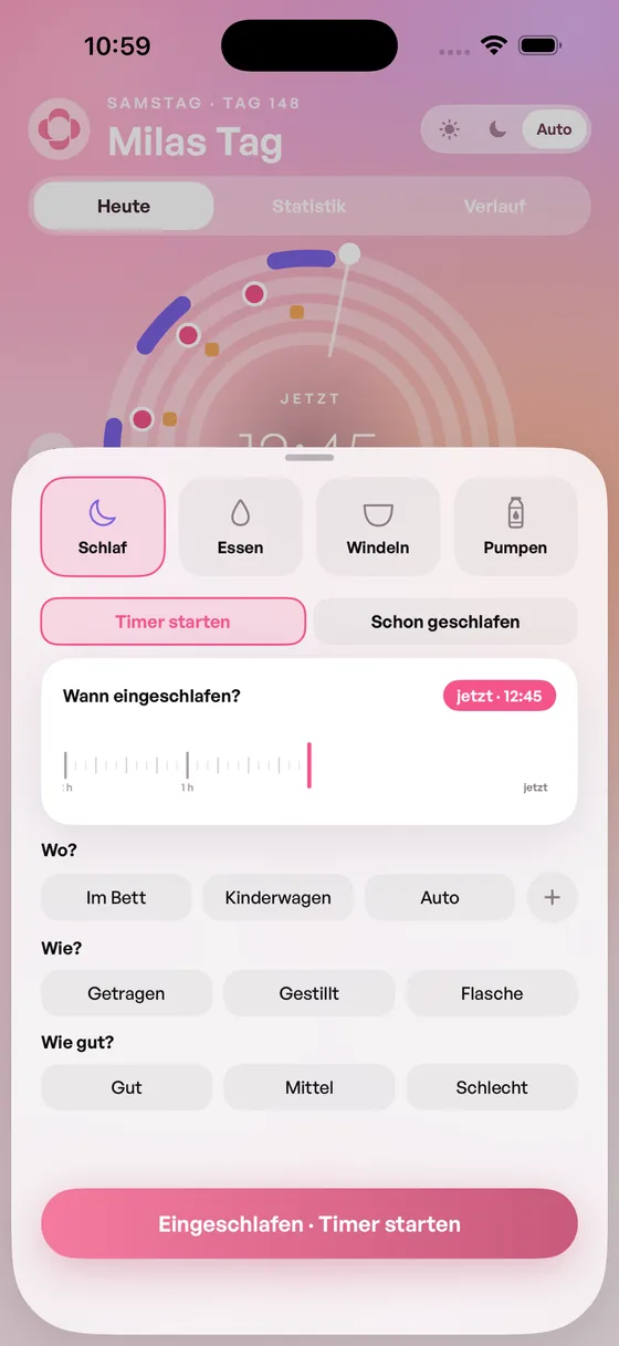 Schlaf eintragen: Timer starten oder „Schon geschlafen“, dazu Wo, Wie und Wie gut